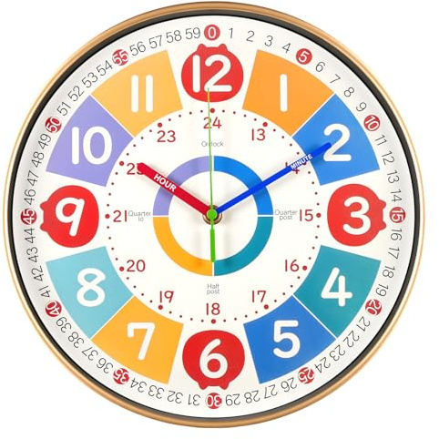 Vicloon Läsande Klocka för Barn, 30 cm Tyst Tidsvisande Läro-klocka, Icke-tickande Tyst Tidsvisande Väggklockor, Batteridrivna, Lättlästa för Barnrum, Rum, Vardagsrum, Klassrum