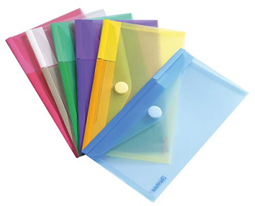 Djois Made by Tarifold 6 Enveloppes Recyclé Porte-Documents Plastique Non Perforées Fermeture Scratch Format M65 / Chèque - 6 Couleurs (Bleu, Violet, Vert, Jaune, Rose, Transparent) - 510279