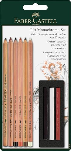 Faber-Castell 112998 - Pitt Monochrome Set 9-teilig, mit Künstlerstiften, Pastellstiften und Pastellkreiden