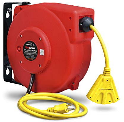 ReelWorks Extension Cord Reel Retractable, 14AWG x 40' Ft 3C SJT, Wall Mount Kit, 3 Outlet / Triple Tap Connector
