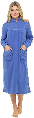 Peignoir en polaire pour femme, tailles 38 à 54, peignoir portefeuille avec boutons sur le devant et poches, bleu, 50