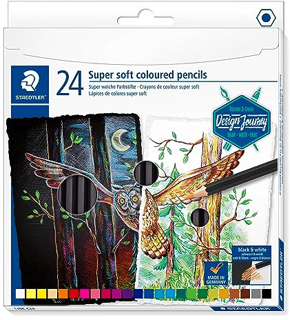 Staedtler Crayons de couleur super soft de haute qualité, Fort pouvoir couvrant sur papier blanc et noir, Boîte en carton avec 24 crayons de couleur assortis, 149C C24