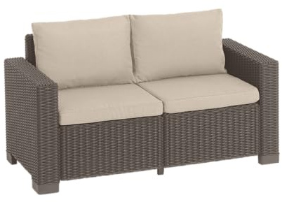 Allibert by Keter California - Sofá de jardín de 2 plazas, Color marrón y Arena, Incluye Cojines de Asiento y Respaldo, plástico, imitación de ratán Redondo, 141 x 68 x 72 cm