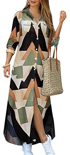 OMZIN Robe t-Shirt Longue pour Femme Robe Fendue Boutonnée avec Poche Robe Chemise De Plage pour Femme Triangle M