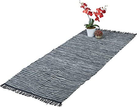 Relaxdays lappmatta, 80 x 200 cm, bomull och läder, löpare med fransar, halkfri, fläckmatta, grå