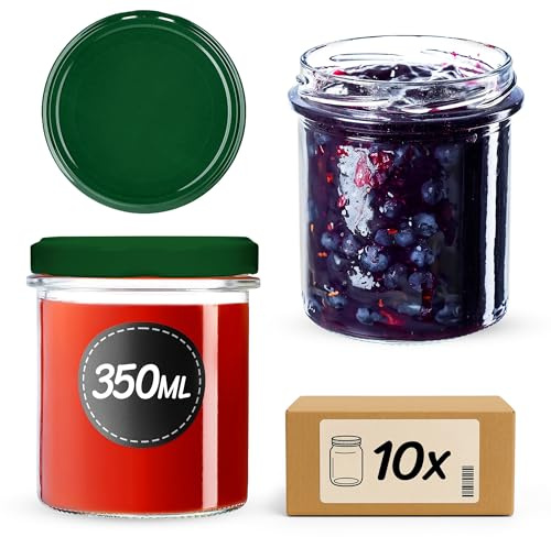 KADAX Syltburkar 350 ml, fi82 mm, konserveringsburkar med skruvlock, honungsburkar, konserveringsburkar för svamp, sylt, honung (10 stycken, grön)