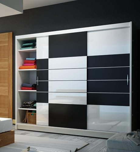 Generisch Kleiderschrank Aruba 250 cm, Schrank Glas Schwarz Schwebetürenschrank (250 cm)