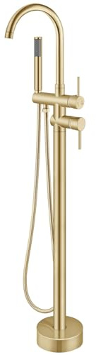 Aolemi Floor Mount Bathtub Faucet Freestanding Tub Filler Standing High Flow Shower Faucets Shower Mixer Taps, Swivel Gooseneck Spout with Cylinder Handheld Brushed Gold