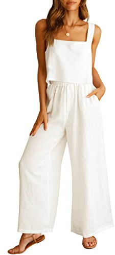 ANRABESS Women's 2 Piece Outfits Shell: 30% Linen + 70% Rayon, Lining: 97% Polyester, 3% Elastane Pants Jumpsuit Matching Lounge Set Casual Summer Beach Vacation Trendy Clothes White Large