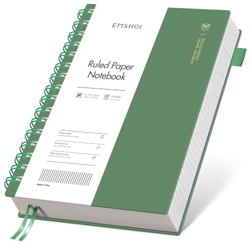 EMSHOI A5 Notebook Lined, Spiral Journal, 300 Pages, PVC Cover, Dark Green | 100GSM Paper, Flexible Plastic Cover, Notepad with Sticky Notes, Pocket, Pen Loop, Bookmark Ruler for Writing, 14.5 x 21cm