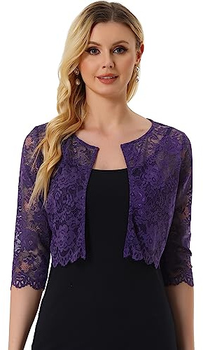 Allegra K Dam spets bolero 3/4 ärm transparent blommor spets shrug bolero crop cardigan, lila, L