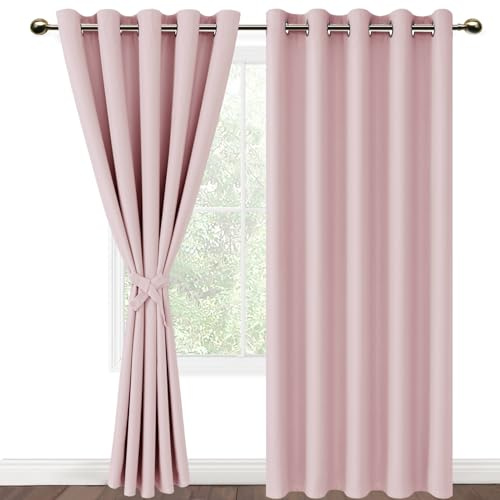 DWCN Blackout Curtains with Tiebacks for Bedroom Thermal Insulated Solid Eyelet Curtains for Living Room,2 Panels,66 Wide x 90 Drop Pink