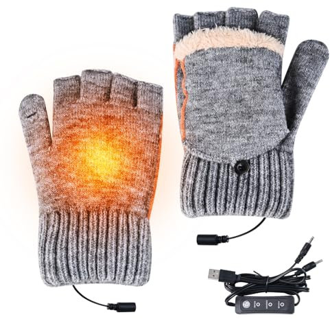 KAMEUN Beheizbare Handschuhe für Damen und Herren, Thermo Handschuhe mit Heizung, Heated Gloves mit USB Handwärmer, Halbfinger Strickhandschuhe für Drinnen und Draußen