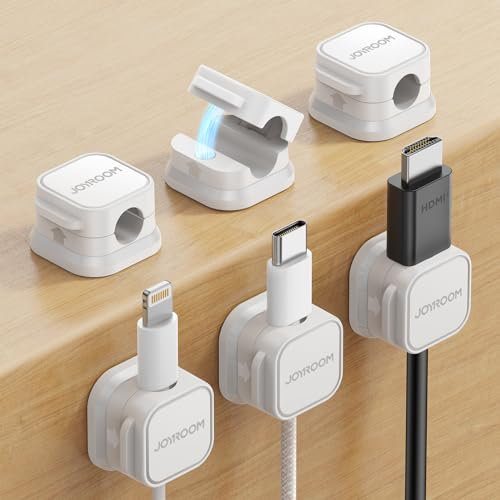JOYROOM 6 Pack Clips Câble Organisateur de Câbles Magnétique Auto-adhésif Support de Câbles pour Bureau, Table de Nuit, Câbles de Chargement, HDMI, USB, Audio, Blanc