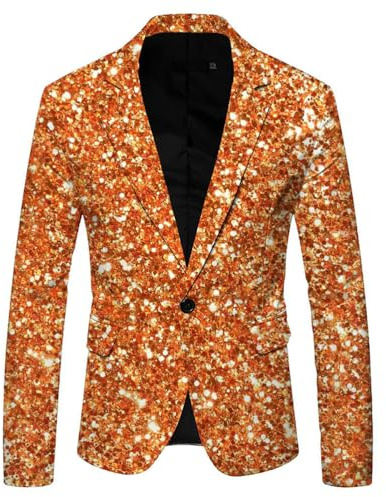 shownicer Blazer Uomo Giacca con Stampa Paillettes Elegante Slim Fit Giacca Moda Stampa Blazer Costume per Festa Cosplay Discoteca Party Club A Arancione M