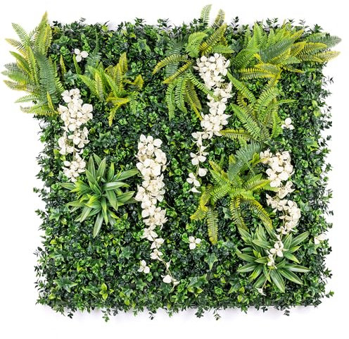 Artificial Living Wall Panels 1m x 1m, Green Plant Foliage Hanging Wisteria, Indoor Outdoor, Home Garden Decoration, Privacy Hedge Fence Screening, UV Stabilised, Waterproof, Natural Look (White x1)