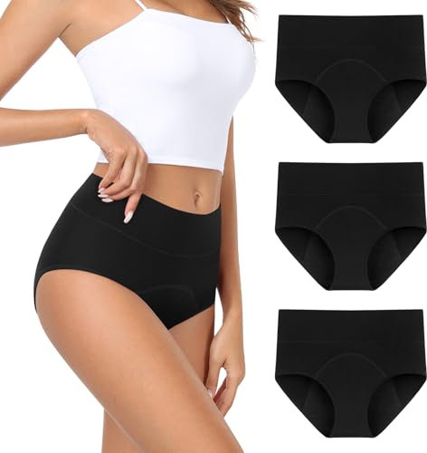coskefy Women Period Pants Leakproof Underwear High Waist Heavy Flow Menstrual Knickers Postpartum Underwear 3Pack Black