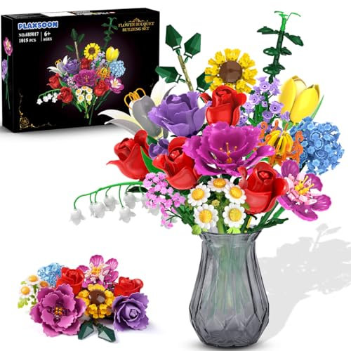 PLAXSOON Kit de Construction de Bouquet de Fleurs, 18 Roses en Briques, Collection Botanique Jouet Plante Décorative Maison 1015 Pièces, Cadeau pour Femmes Adultes Enfants 6-12+