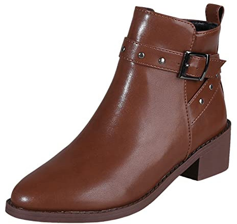 Botas con hebilla y tachuelas y cremallera lateral para mujer, punta puntiaguda, tacón grueso, botas cortas para mujer, botines con tachuelas para mujer, Brown, 39 EU