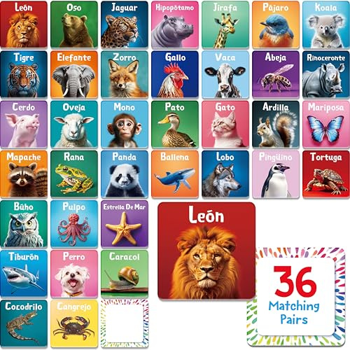 36 Paires Jeu de Mémoire Animaux, 72 Cartes Flash en Espagnol, Jeu d’Appariement, Fournitures Éducatives pour l’École à Domicile, Activités d’Apprentissage pour Enfants de 4, 5 et 6 Ans (5 cm x 5 cm)