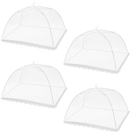 CATELL 4 Pièces Cloche Alimentaire Pliable, Cloche Alimentaire Anti Insectes Bord en Dentelle Blanc Cloche Anti Mouche pour Barbecue Viandes Pique-Nique Plats Fruits et Aliments (32 * 32cm)
