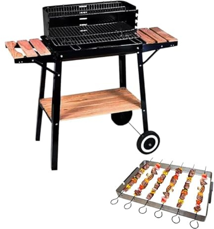 Barbecue Top Fire Empotec da Esterno Griglia Acciaio Antivento Ripiani Ruote Pratico Comodo Facile da Usare Cottura 5 Livelli Grill Carbonella Omaggio Griglia Spiedini