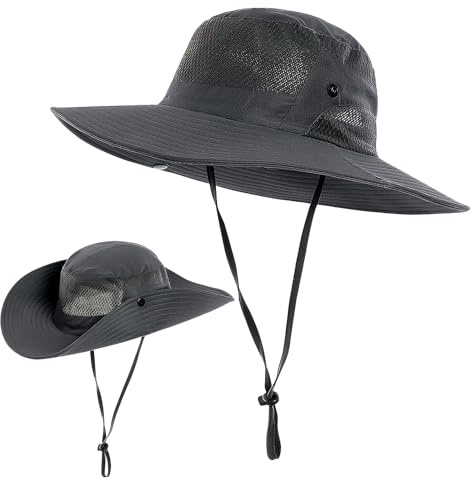 Anseom Sombreros de Sol para Hombre y Mujer, Sombrero de Pesca Protección UV Plegable, Sombrero de Verano de ala Ancha para Senderismo Playa (FR/ES, Letras, Talla única, Gris Oscuro)