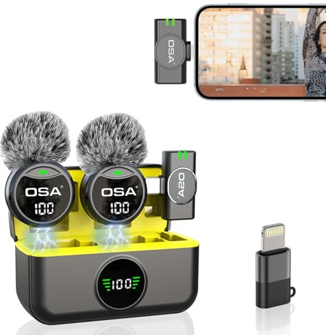 OSA Micrófono inalámbrico para iPhone, cámara Android, Mini micrófono con reducción de Ruido, microfono inalambrico Solapa para iPhone 15/16, grabación de Video, Vlog, Tk, Estuche de Carga de 40 H