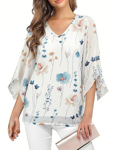 Enmain Blouses for Women, 3/4 Sleeve V-Neck White Ruffle Floral Tunic, Casual Oversized Fit Summer Shirt, Lightweight Airy for Cool Days, Ladies XL