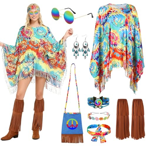 TOSZOLY Hippie Kostüm Damen, 11 Stück 60er 70er Jahre Hippie Kleidung Damen, 70er Jahre Jahre Outfit und Hippies Accessoires, Hippies Bekleidung Kostüm für Halloween, Karneval, Cosplay (Bunt)