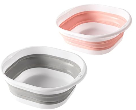 2 x Foldable Wash Bowl, Foldable Sink, Massage Foot Bath Bucket, for Camping, Laundry, Vegetable Washing, Compact and Durable Bathroom Kitchen Organiser (Grey + Pink)