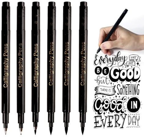 HOTMNTY Calligraphy Pens for Beginners, Refillable Black Brush Drawing Marker Pens, Hand Lettering Instruments for Writing, Signature, Watercolor Illustrations, Design, Art, 4 Sizes, 6 Pieces