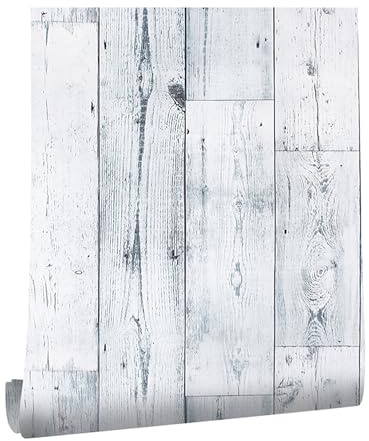 Peel and Stick Wood Effect Wallpaper, 44.5 x 500 cm Ship-lap White Blue Light Grey Distressed Wood Plank Effect Wallpaper Wooden Slat Self Adhesive Furniture Wrap for Living Room,Bathroom,Cabinets