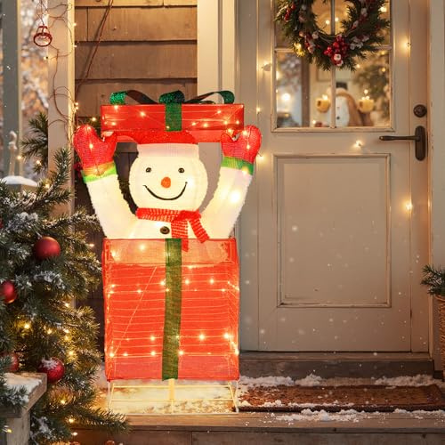 COSTWAY Upplyst Snögubbe med LED-belysning, 115 cm Juldekoration med 100 Varmvita LED-lampor, XXL Julfigur för Inomhus och Utomhus, Vattentät Julbelysning