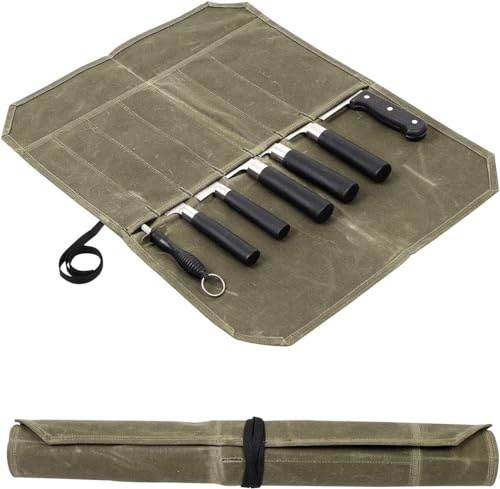 Rotolo di coltelli, borsa per coltelli da cucina, borsa per coltelli in tela cerata, con 7 scomparti, confezione portatile per coltelli da cucina, valigetta per attrezzi da cucina