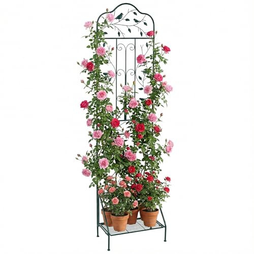 COSTWAY Treillis de Jardin en Métal 189,5x50 cm, Clôture Décorative pour Plante Grimpante avec Étagère Pliable Dispositif Anti-Basculement Piquets, Grille Fleurs pour Jardin Cour Patio (Vert)