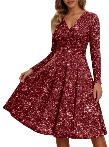 Abito a pieghe da donna con scollo a V, a maniche lunghe, con orlo a volant, per il tempo libero, elegante, linea A, abito da sera