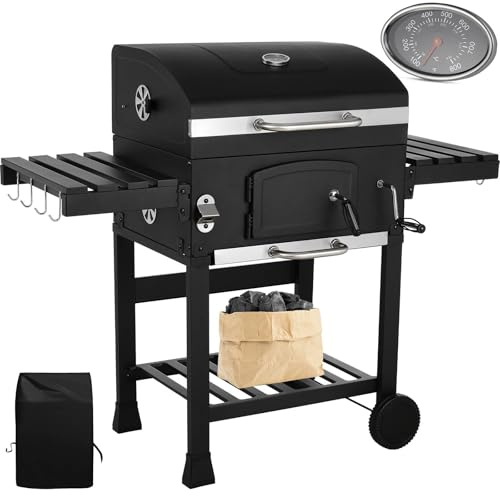 LIFERUN Barbecue Carbonella XXL con Coperchio, Griglia per Barbecue con Copertura Impermeabile, Ruote e Termometro, Altezza regolabile, Grande BBQ Smoke, per Campeggio, Giardino
