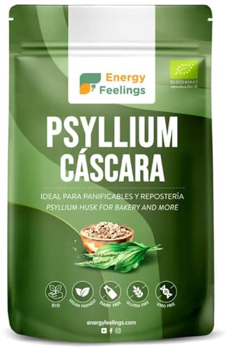 Energy Feelings Cáscara de Psyllium Husk 200g, Alto Contenido en Fibra para Estreñimiento, Sin Gluten y Sin Lactosa, Organic Psyllium, Prebiótico, Enriquece la Microbiota Intestinal