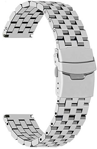 Juntan 5 Reihen Edelstahl Uhrenarmband 22mm für Männer Frauen, Metall Gebürstet Uhrenarmbänder Uhr Armband mit Deployment Double FlipLock Schnalle Silber