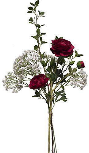 2474U Kunstblumen-Strauß Elke Künstliche Blumen im Strauß gebunden Seidenblumen Rosen rot Schleierkraut weiß Liguster grün Naturgetreu Witterungsbeständig Grabdekoration Grabstrauß ohne Vase