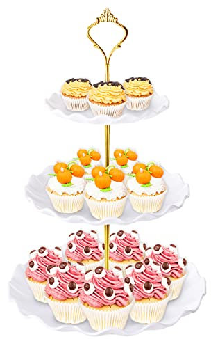 3 Tier Cupcake Stand Holder, BACUTHY Plastic Cup Cake Stand Towel with Tiered Serving Tray for Cupcakes, Donuts, Fruits and More, White