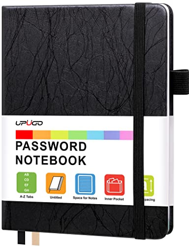 UpUGo Password Book with Alphabetical Tabs, Internet Address and Password Keeper Notebook for Computer & Website Logins, Medium Compact Size, Black