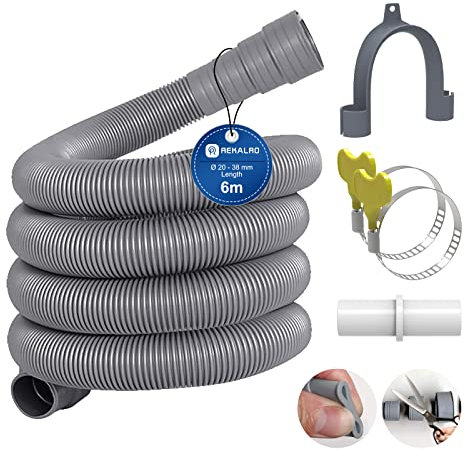 REKALRO Tuyau lave-linge 6m, tuyau d'évacuation des eaux usées avec raccord de tuyau de vidange et 2 colliers de serrage, rallonge de tuyau de vidange Ø 20mm pour lave-linge lave-vaisselle