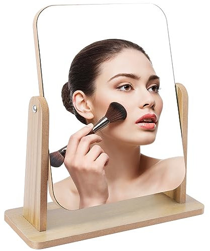 Fizdoqg Kosmetikspiegel Groß Schminkspiegel 360 Grad Holz Tischspiegel Stehend Schmink Spiegel Holz Make Up Spiegel Freistehend tischspiegel für Schminktisch Schreibtisch, Schlafzimmer, 25 X 22CM