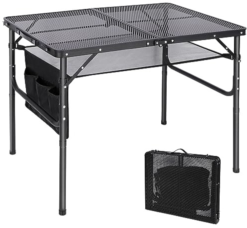 REDCAMP Folding Portable Grill Table for Outside, Lightweight Aluminum Metal Grill Stand Table for Camping Cooking BBQ RV Picnic,Easy to Assemble with Adjustable Heights Legs,Black 35x24