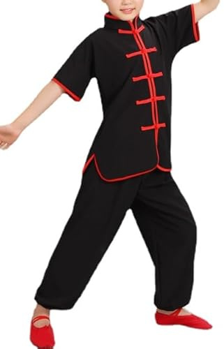 HEARTTOUCH Trainingsanzüge Kinder Kung Fu Uniform Chinesische Kampfsport Bekleidung Sets Jungen Mädchen Traditionell Tai Chi Wushu Leistungskostüme Sportbekleidung (A Schwarz,140,140)