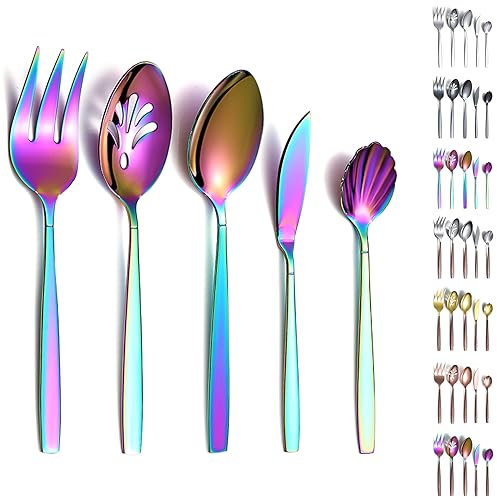 Evanda 5 piezas de cubiertos arco iris juego de servir, Rainbow Titanium chaping Stainless Steel Flatware Set de servir, cuchara para servir, cuchara ranurada, tenedor para servir, cuchara de azúcar