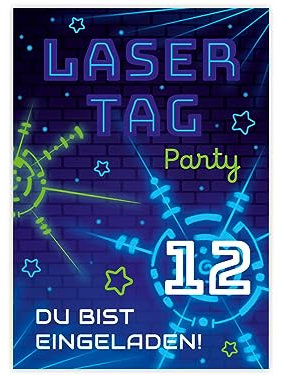 Minkocards 12 Einladungskarten zum 12. Kindergeburtstag Lasertag Laser Tag Mädchen Jungen Einladungen zum zwölften Geburtstag Kinder bunte Geburtstagseinladungen
