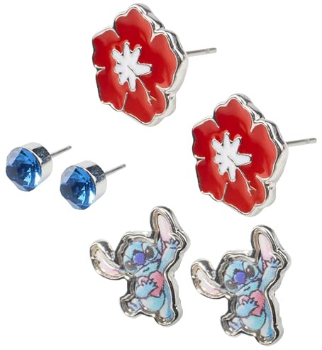 Disney Stitch Jewellery Sets for Girls - Necklace Bracelet and Earrings Set or 3 Pairs of Stud Earrings Stitch Gifts (Silver Stud Earrings)